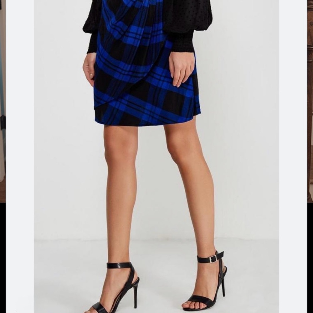 GAP NWOT Blue and Black Tartan Checkered Mini Faux Wrap Skirt w/ Side Zip